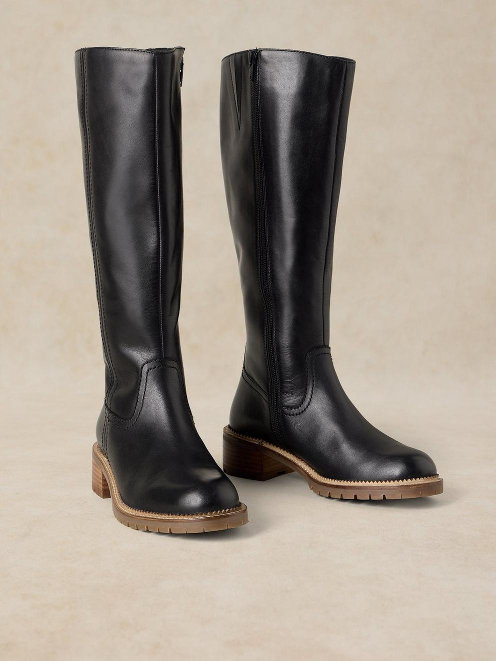 SERENA LEATHER KNEE HIGH BOOT in PURE BLK - FLAT FRONT