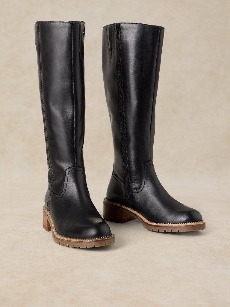 WIDE FIT LEATHER SERENA BOOT in PURE BLK - FLAT FRONT