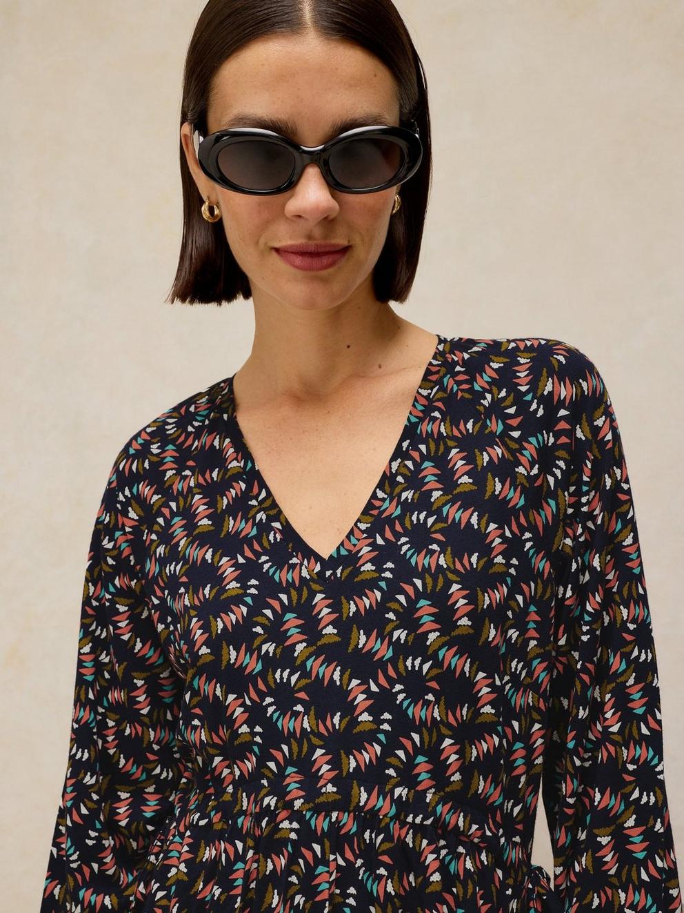 HARPER JERSEY DRESS in NAVY MULTI - MODEL FRONT