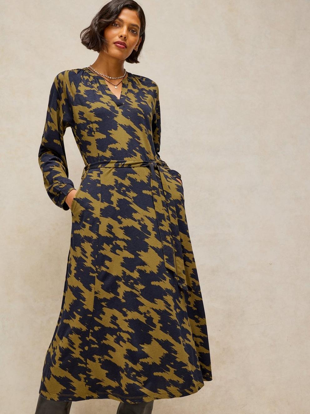 AMARA JERSEY DRESS in GREEN MLT - MODEL FRONT