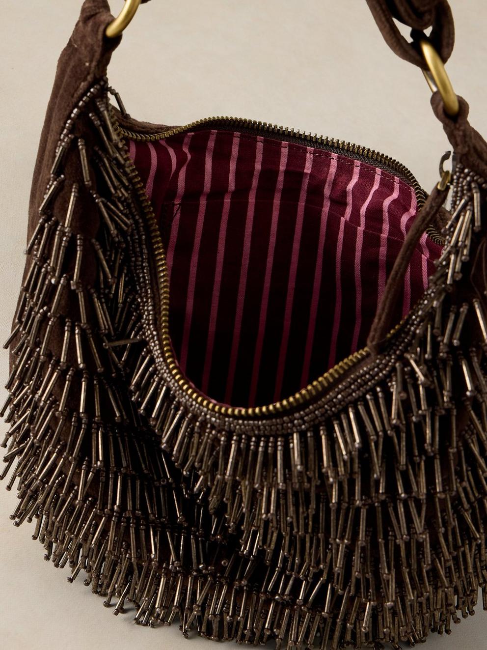 TIA TASSEL PARTY BAG in DK BROWN - FLAT DETAIL