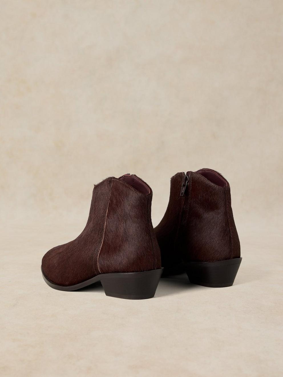 MAE LEATHER PONY ANKLE BOOT in DK BROWN - FLAT BACK