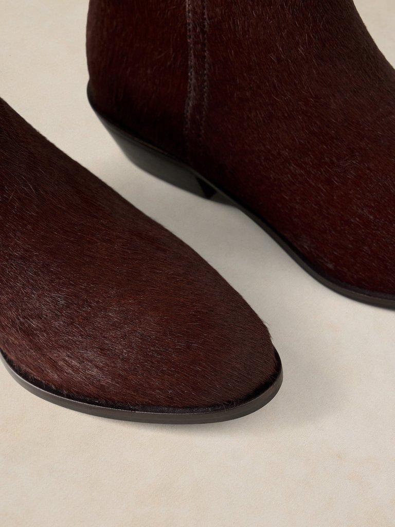 MAE LEATHER PONY ANKLE BOOT in DK BROWN - FLAT DETAIL