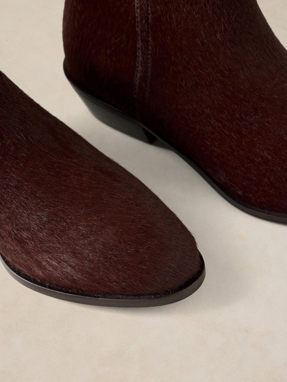 MAE LEATHER PONY ANKLE BOOT in DK BROWN - FLAT DETAIL