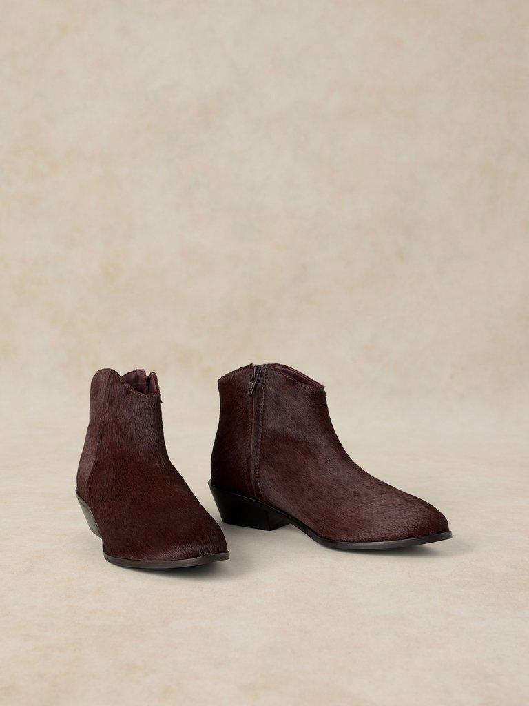 MAE LEATHER PONY ANKLE BOOT in DK BROWN - FLAT FRONT