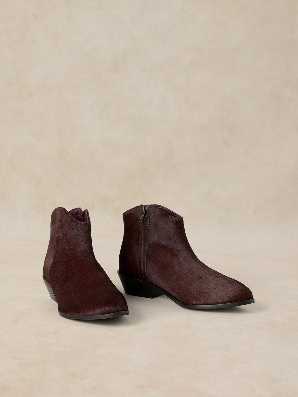 MAE LEATHER PONY ANKLE BOOT in DK BROWN - FLAT FRONT