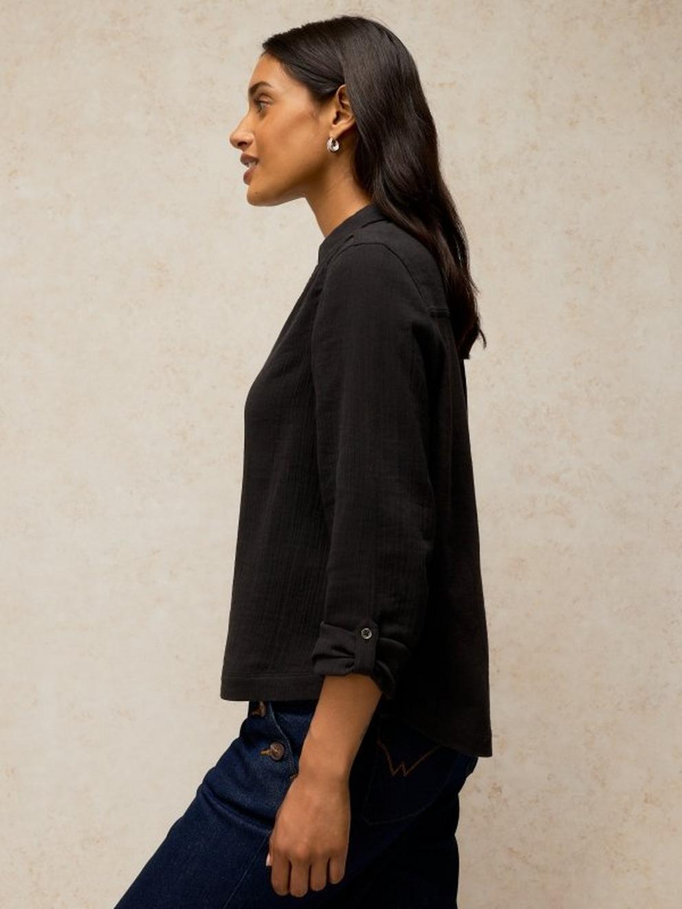 ANNIE DOUBLE CLOTH in PURE BLK - MODEL DETAIL