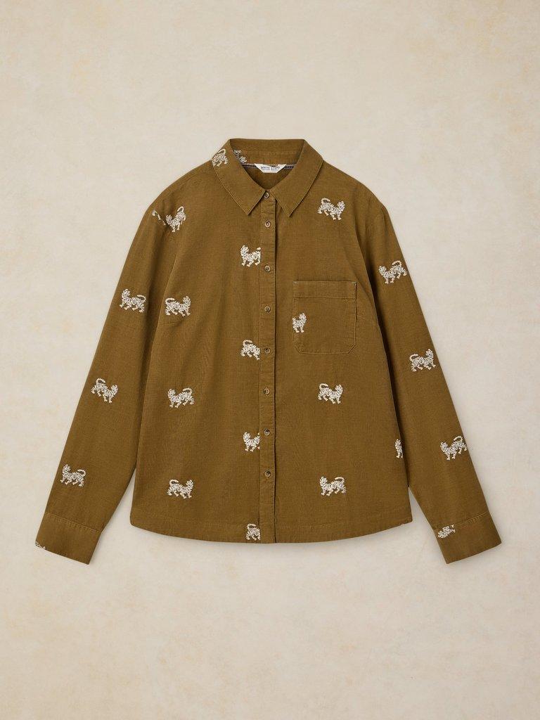 LIBBY EMBROIDERED CORD SHIRT in KHAKI GRN - FLAT FRONT
