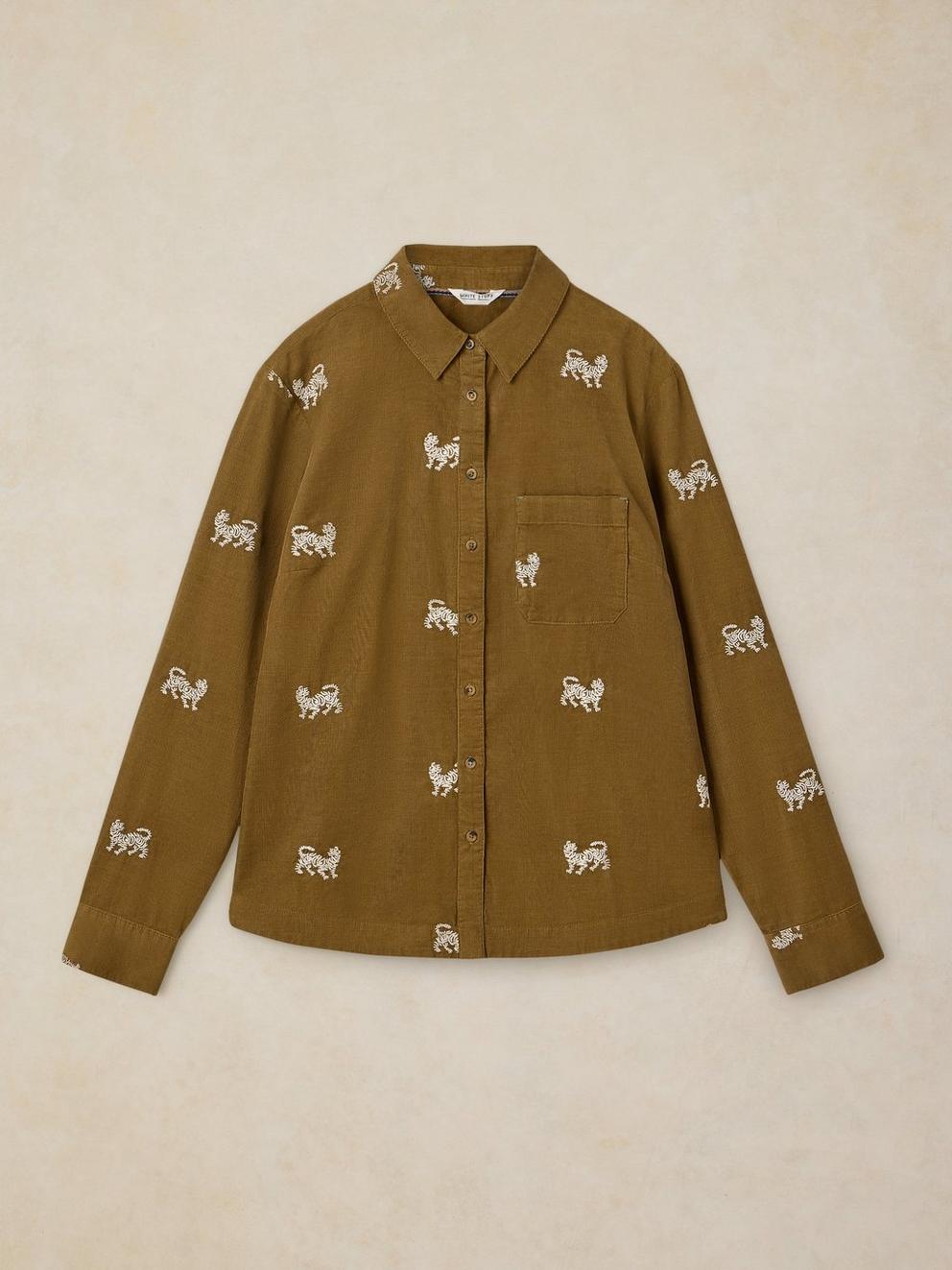 LIBBY EMBROIDERED CORD SHIRT in KHAKI GRN - FLAT FRONT