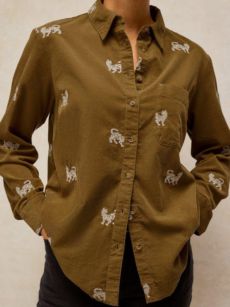 LIBBY EMBROIDERED CORD SHIRT in KHAKI GRN - LIFESTYLE