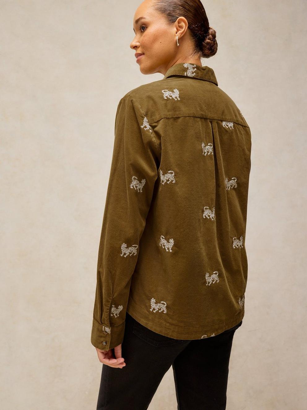 LIBBY EMBROIDERED CORD SHIRT in KHAKI GRN - MODEL BACK