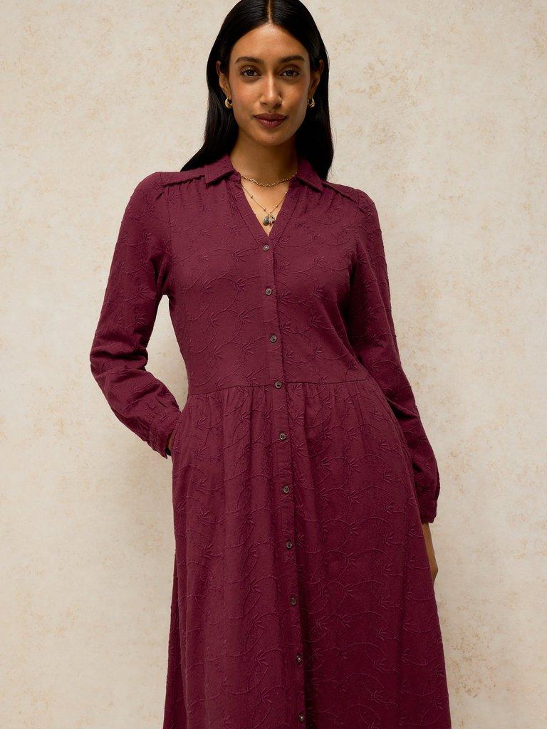 REEGAN EMBROIDERY JERSEY DRESS in PLUM PR - MODEL DETAIL
