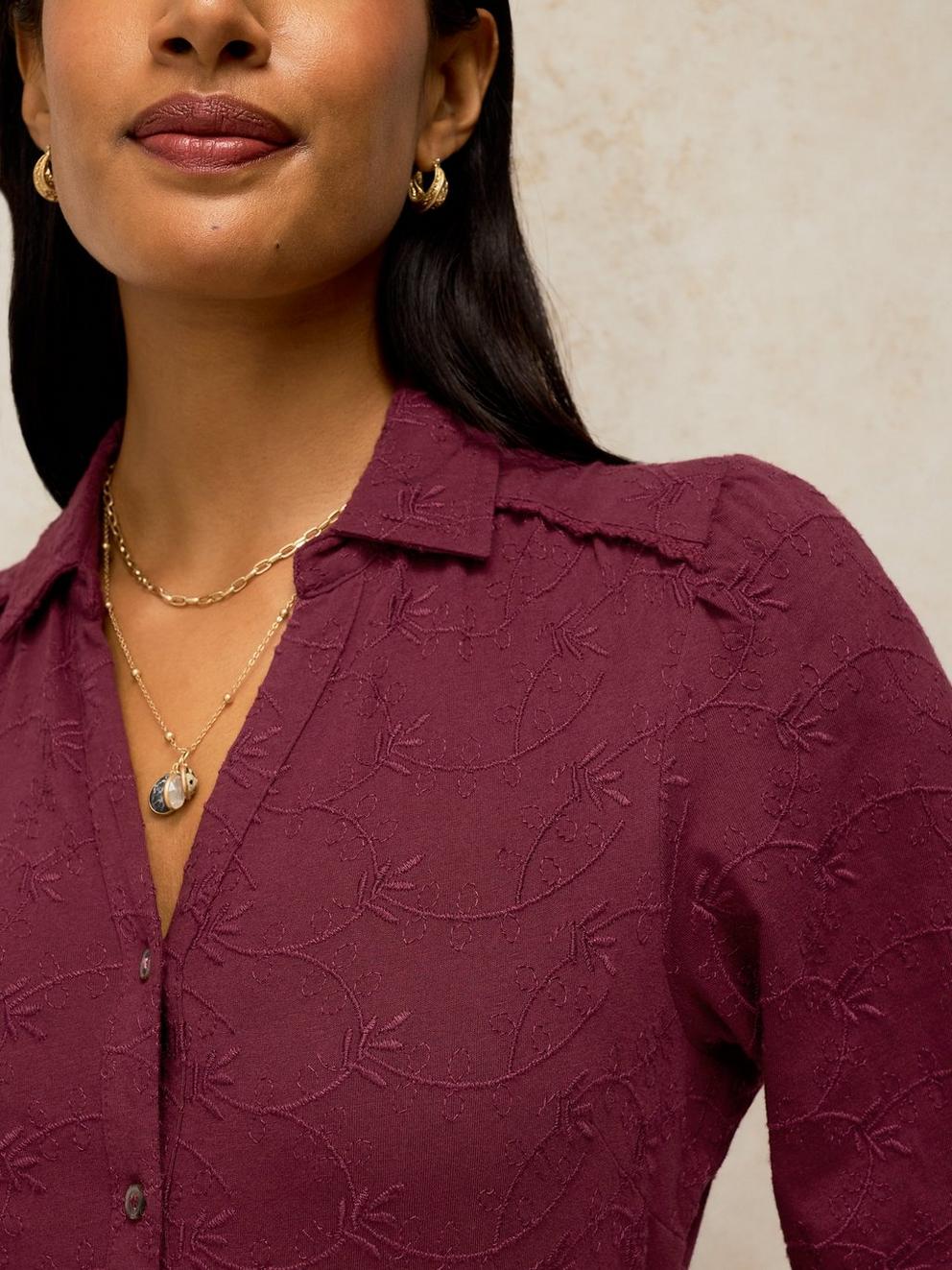 REEGAN EMBROIDERY JERSEY DRESS in PLUM PR - MODEL FRONT