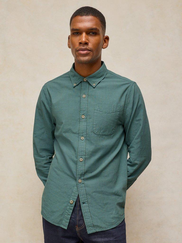 BRUTON COTTON STRIPE SHIRT in TEAL MLT - MODEL FRONT