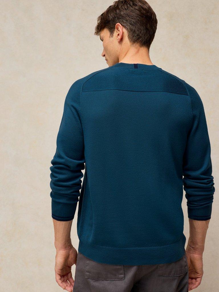 CONWAY MERINO CREW JUMPER in DK TEAL - MODEL BACK