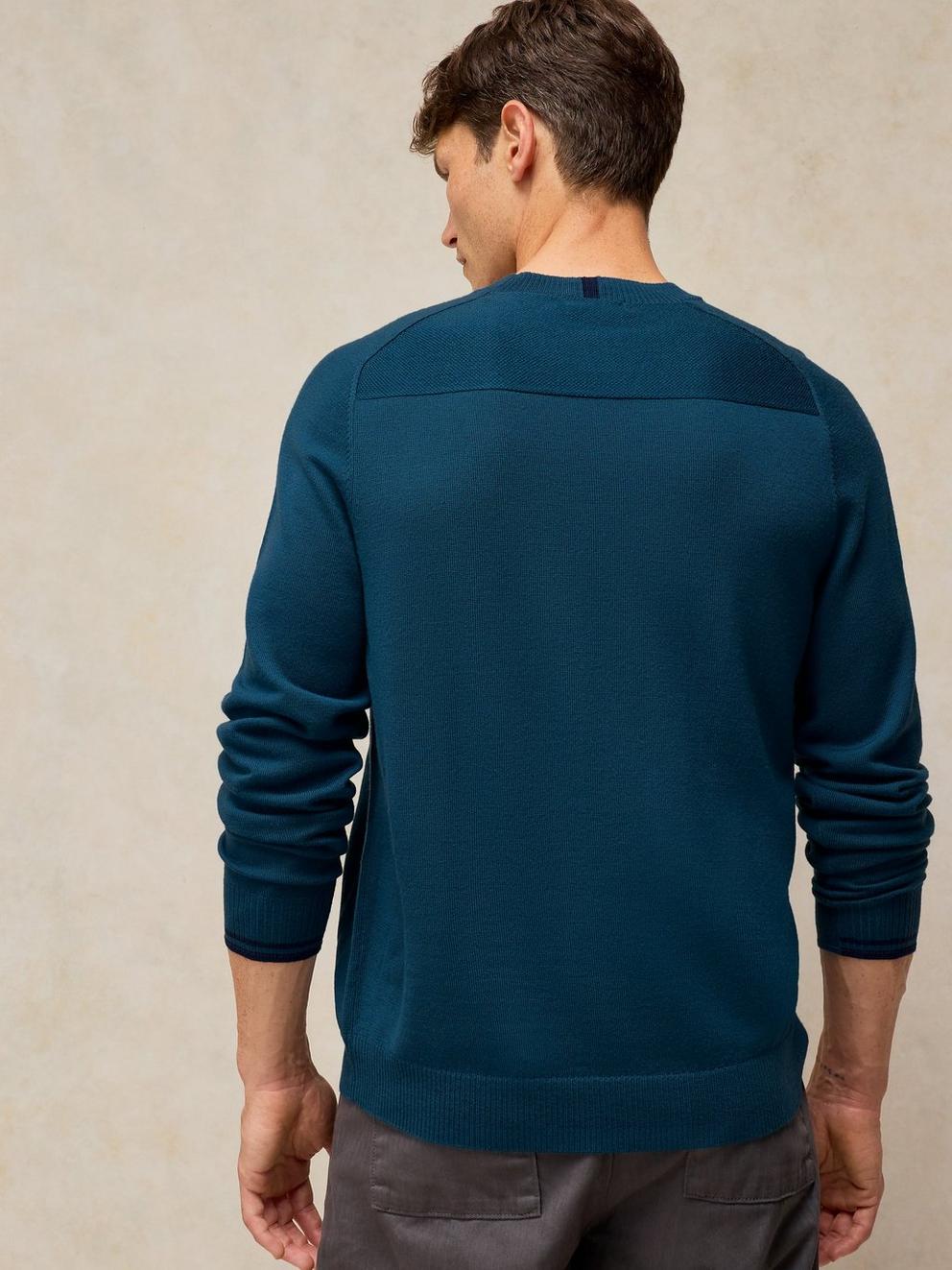 CONWAY MERINO CREW JUMPER in DK TEAL - MODEL BACK
