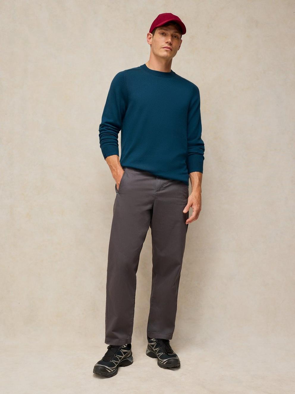 CONWAY MERINO CREW JUMPER in DK TEAL - MODEL FRONT