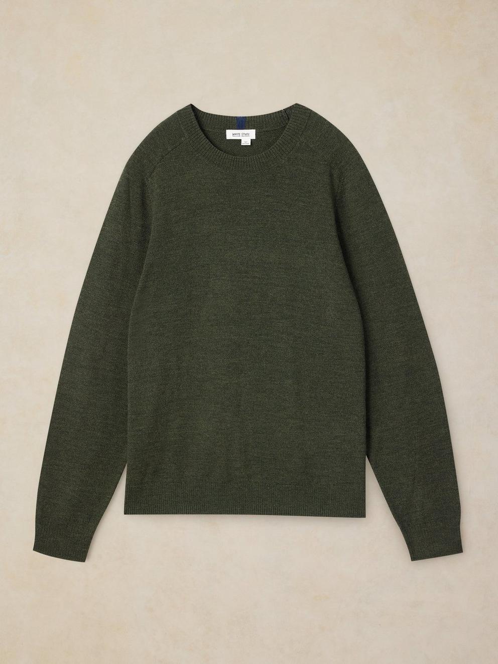 CONWAY MERINO CREW JUMPER in KHAKI GRN - FLAT FRONT