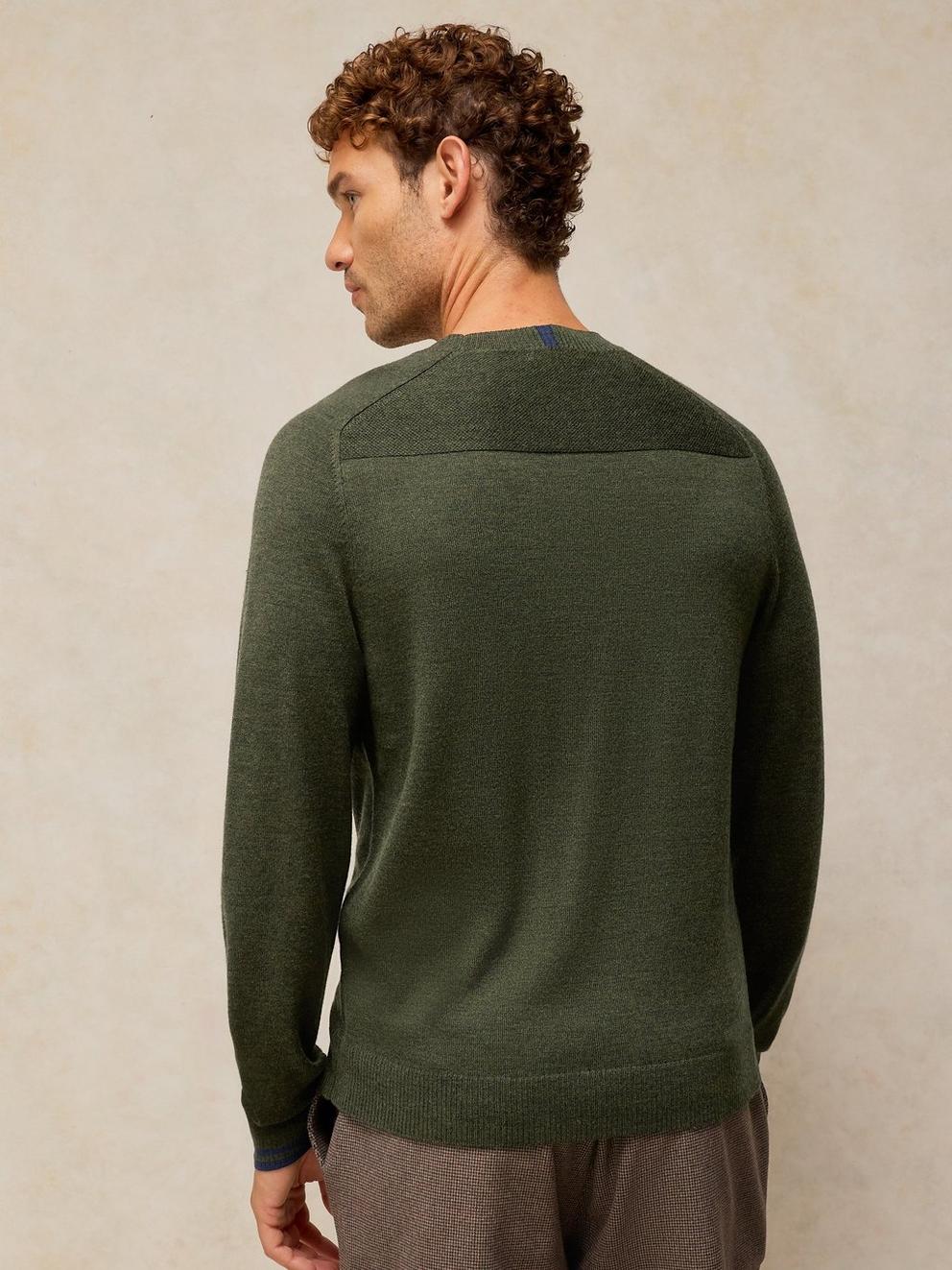 CONWAY MERINO CREW JUMPER in KHAKI GRN - MODEL BACK