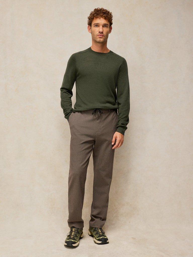 CONWAY MERINO CREW JUMPER in KHAKI GRN - MODEL FRONT