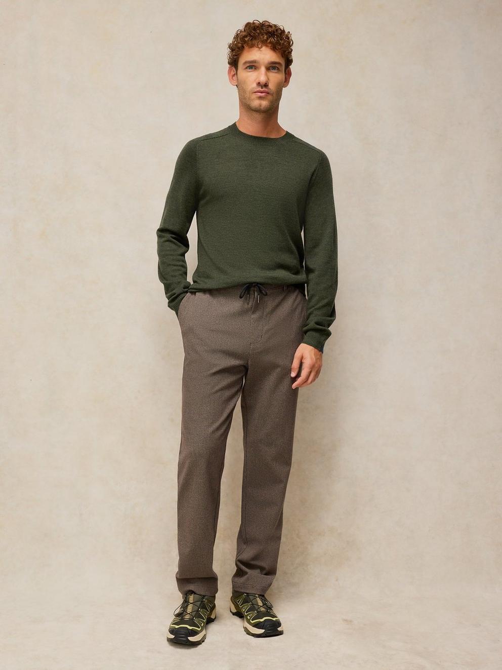 CONWAY MERINO CREW JUMPER in KHAKI GRN - MODEL FRONT