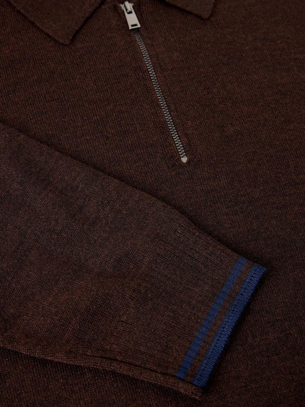 CONWAY LS MERINO ZIP POLO in MID BROWN - FLAT DETAIL