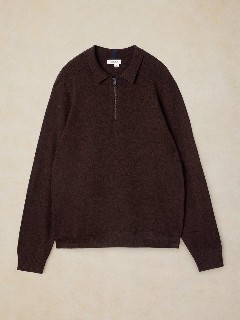 CONWAY LS MERINO ZIP POLO in MID BROWN - FLAT FRONT