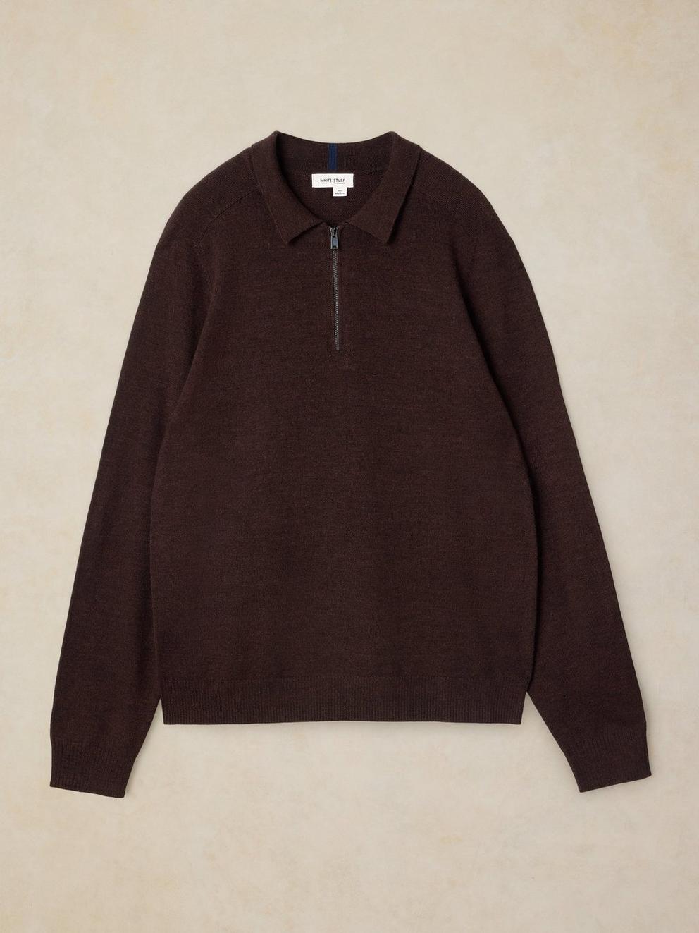 CONWAY LS MERINO ZIP POLO in MID BROWN - FLAT FRONT