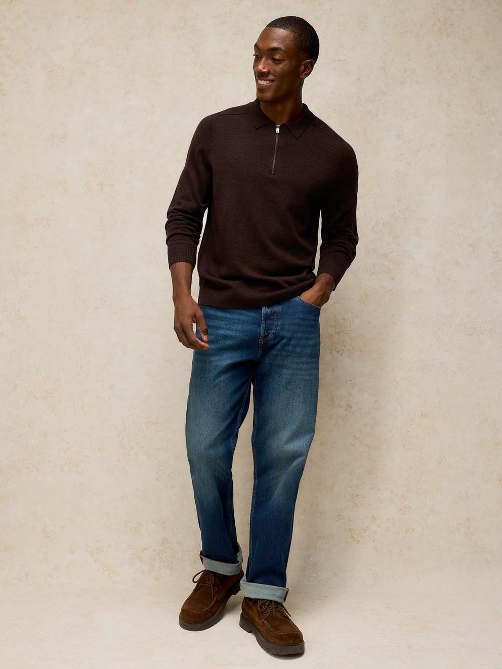 CONWAY LS MERINO ZIP POLO in MID BROWN - LIFESTYLE