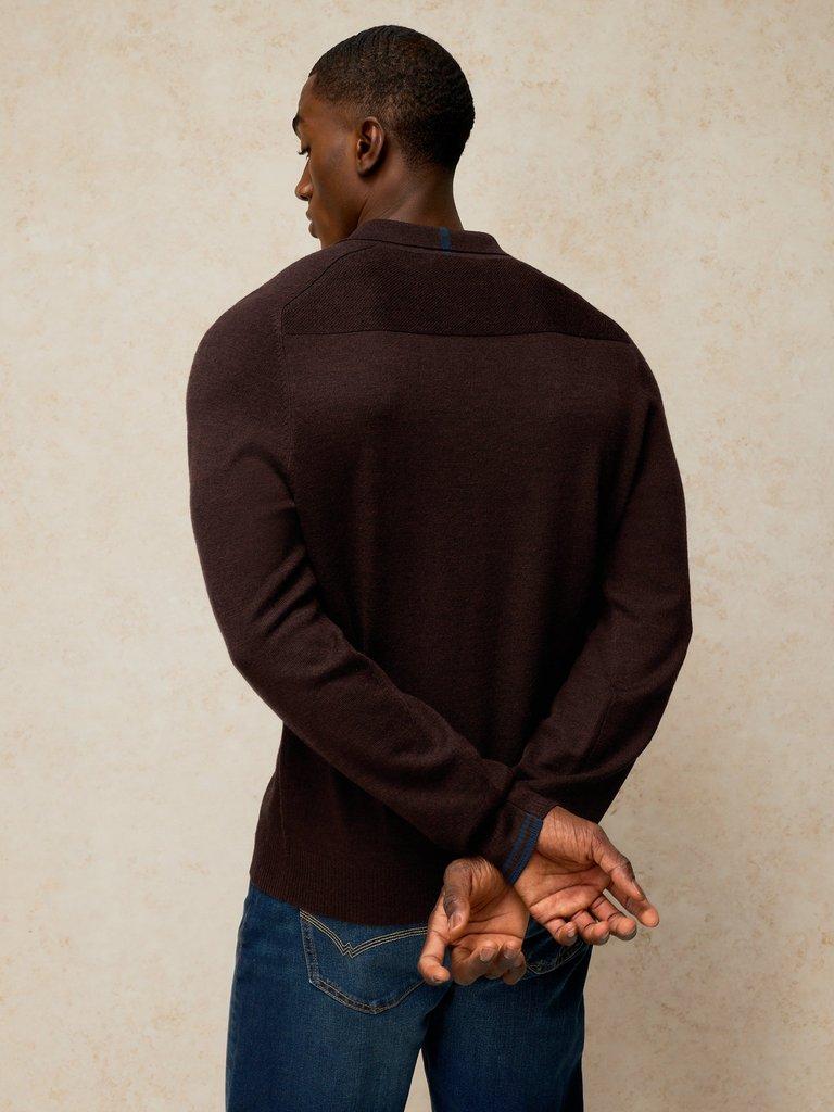 CONWAY LS MERINO ZIP POLO in MID BROWN - MODEL BACK