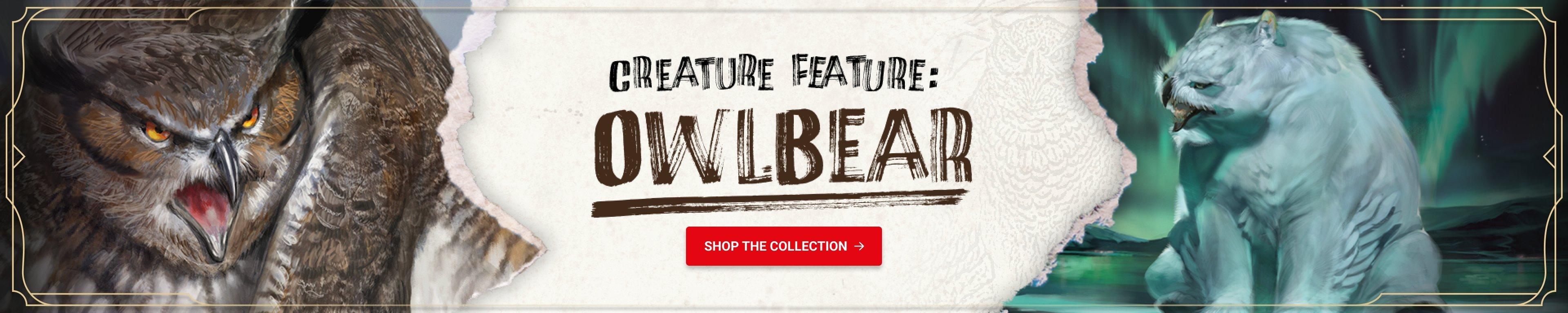 The banner shows two owl bears, and says Creature Feature: Owlbear shop the collection.