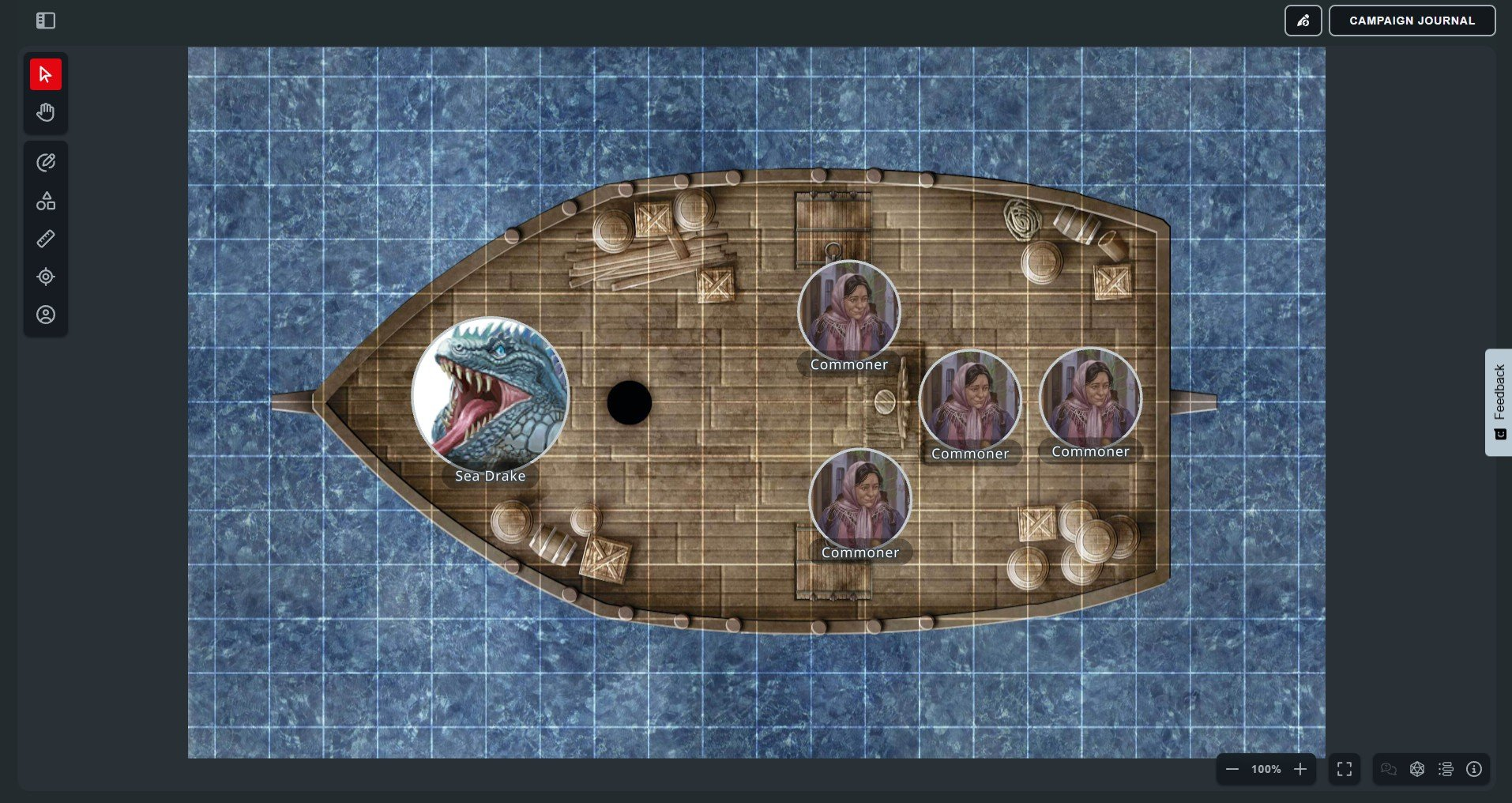 A ship at sea in Maps VTT with a monster and commoner tokens