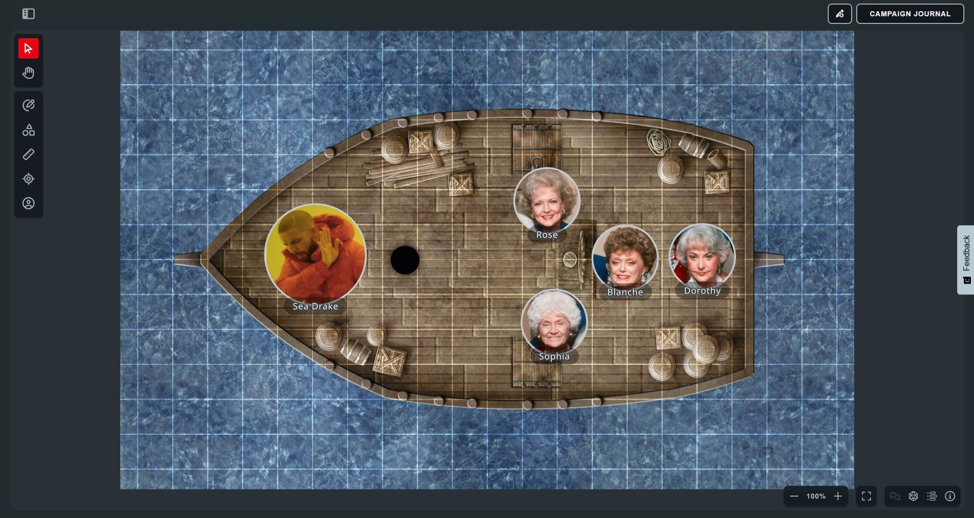 Custom token art for four adventurers and a Sea Drake in Maps VTT