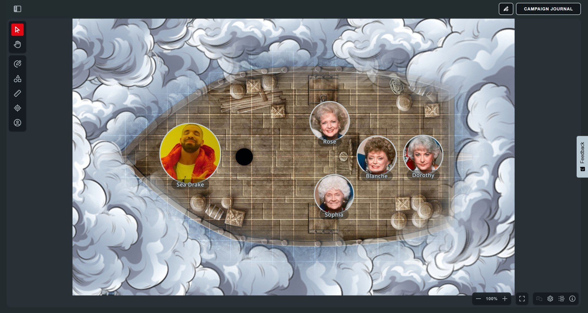 A custom fog sticker covering the ship in Maps VTT