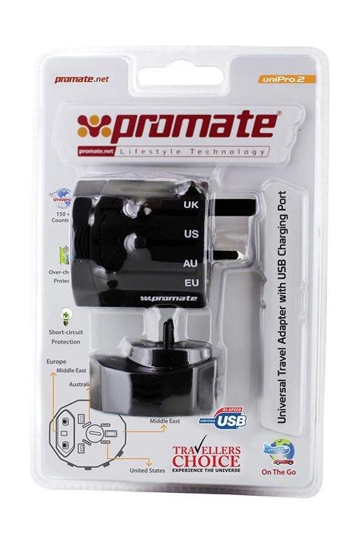 محول السفر العالمي يوني برو٢ مع منفذ شحن يو إس بي من بروميت - أسود - UNIPRO2