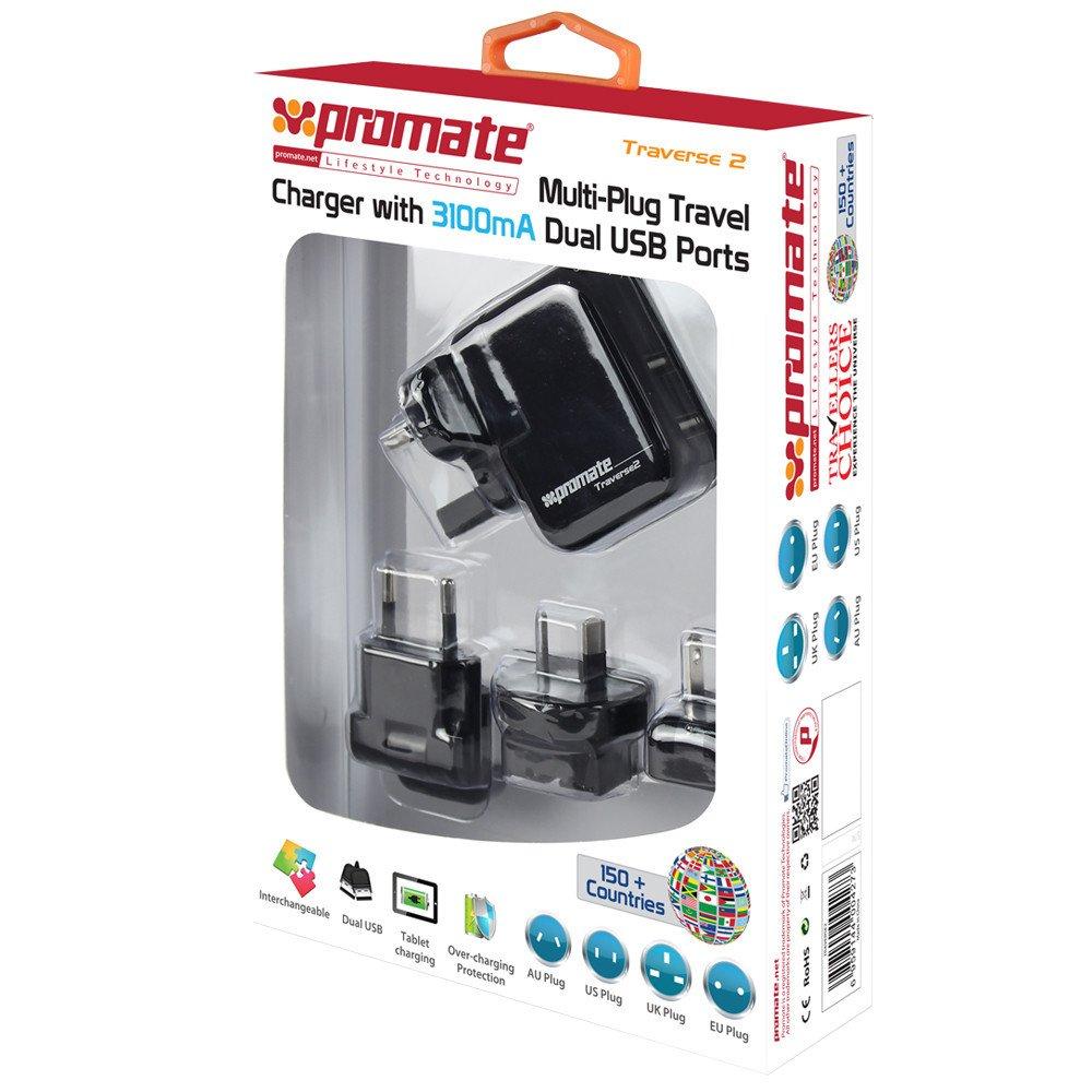 Promate Traverse.2 MultiPlug Travel Charger with 3100mA Dual USB Ports