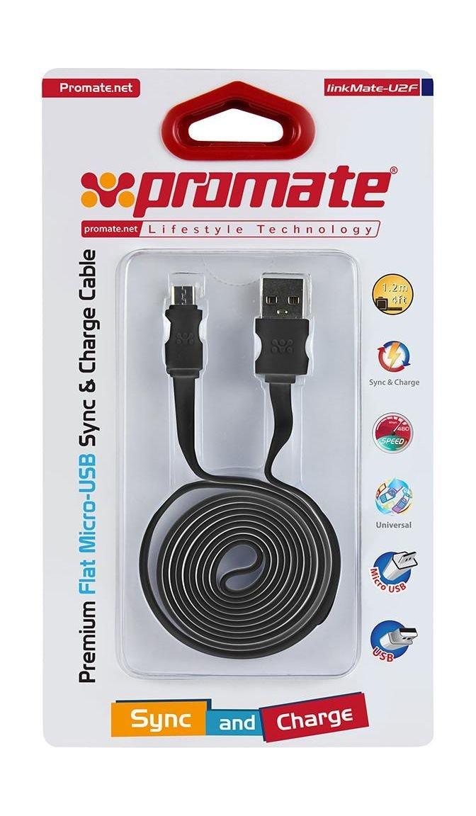 Promate LinkMate-U2F Premium Flat Micro-USB Sync & Charge Cable - Black
