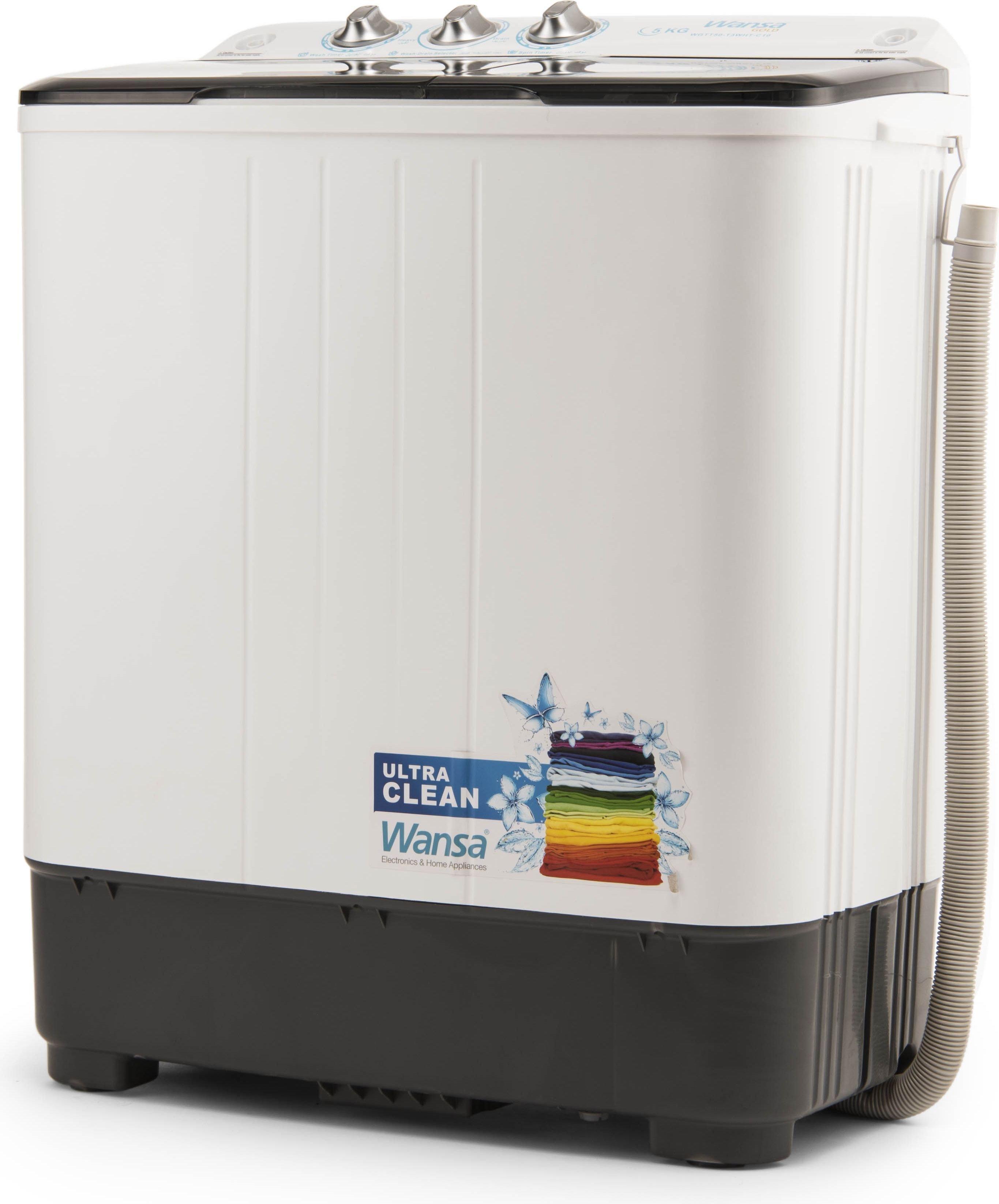 Wansa Gold Twin Tub Washer, 5kg Washing Capacity, WGTT50-T3WHT-C10 - White/Grey