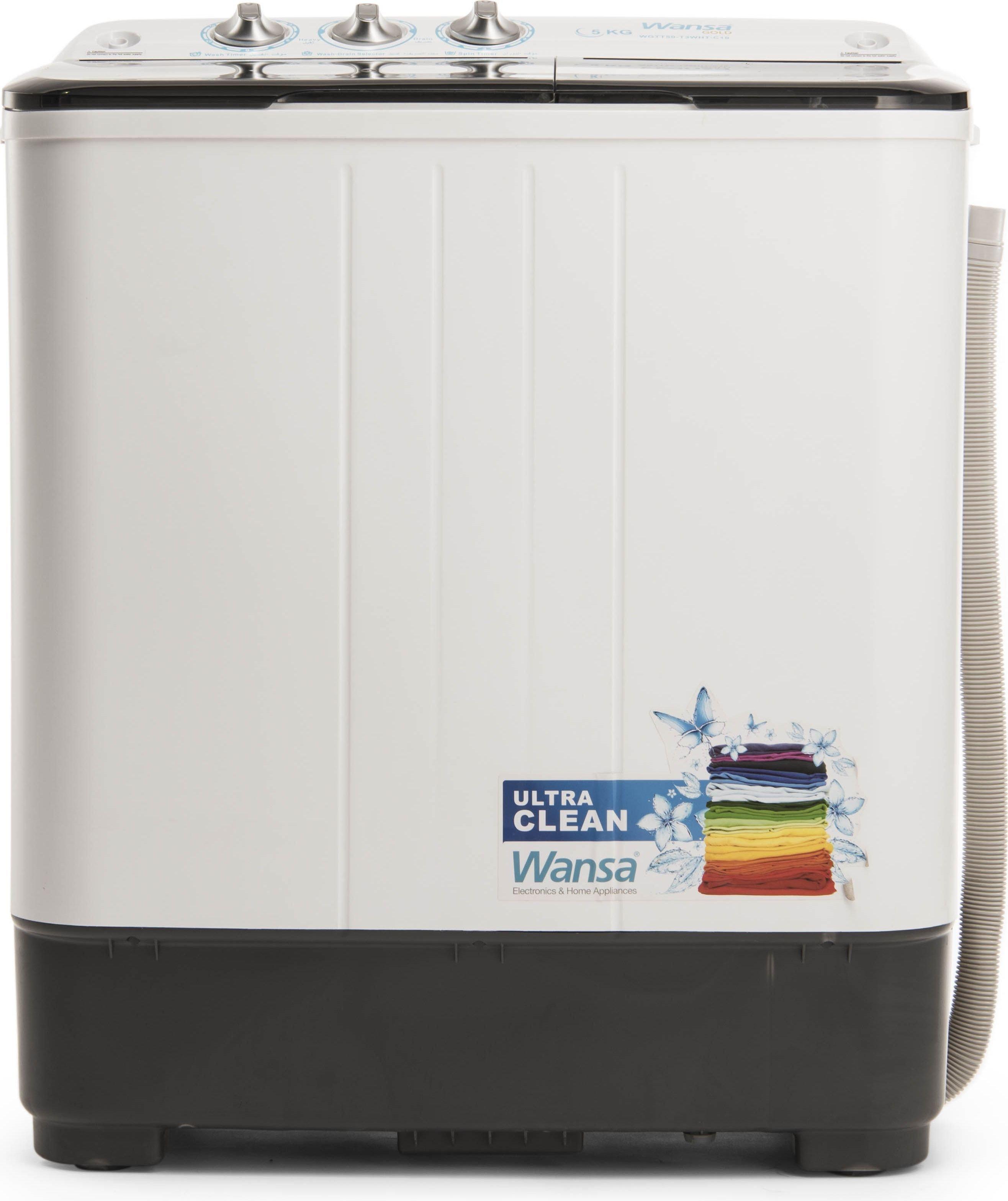 Wansa Gold Twin Tub Washer, 5kg Washing Capacity, WGTT50-T3WHT-C10 - White/Grey