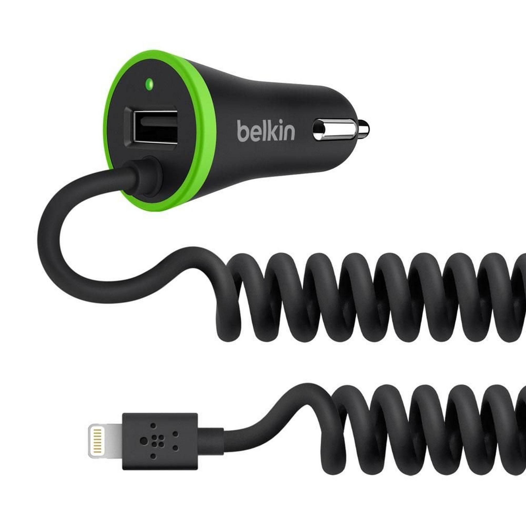 Belkin 3.4a Car Charger Coiled Lightning Cable and USB-Black F8j154bt04