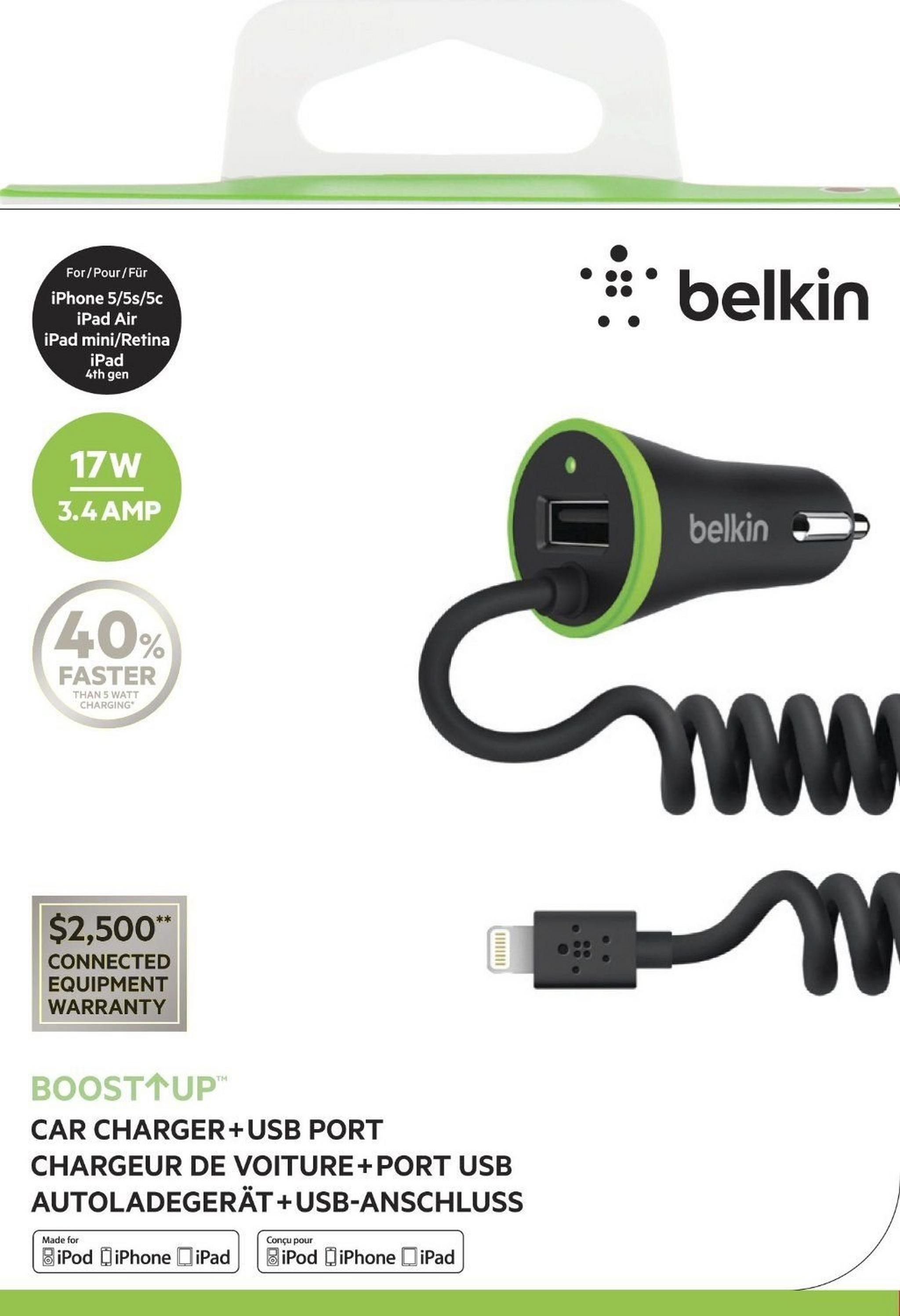 Belkin 3.4a Car Charger Coiled Lightning Cable and USB-Black F8j154bt04