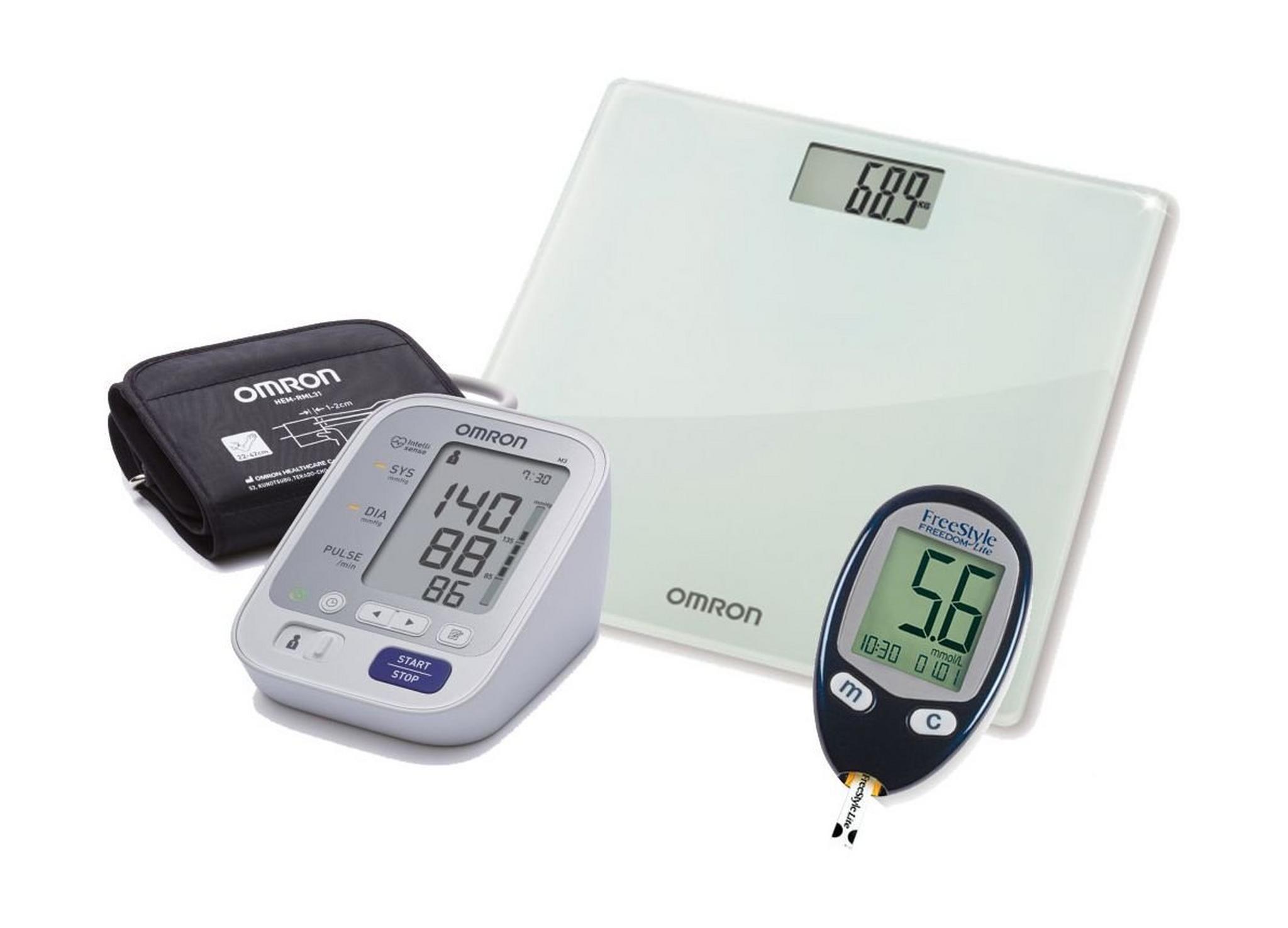 Omron M3 IT Arm Blood Pressure Monitor + Freedom Lite Blood Glucose Machine + Digital Weighing Scale