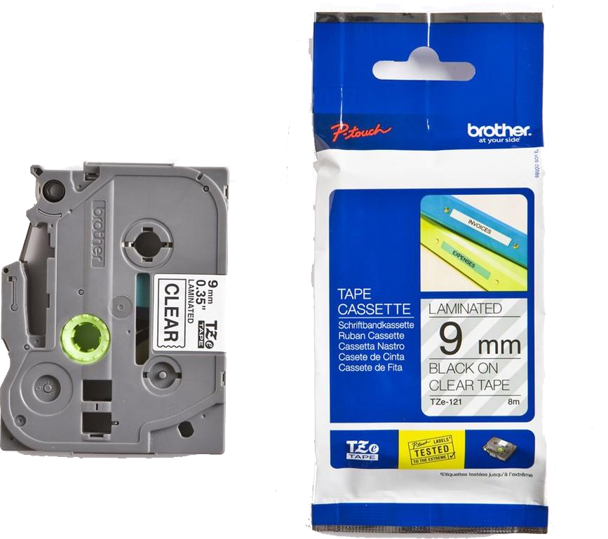 Brother Black On Clear Laminated Labeling Tape - 9mm (9TZ121)