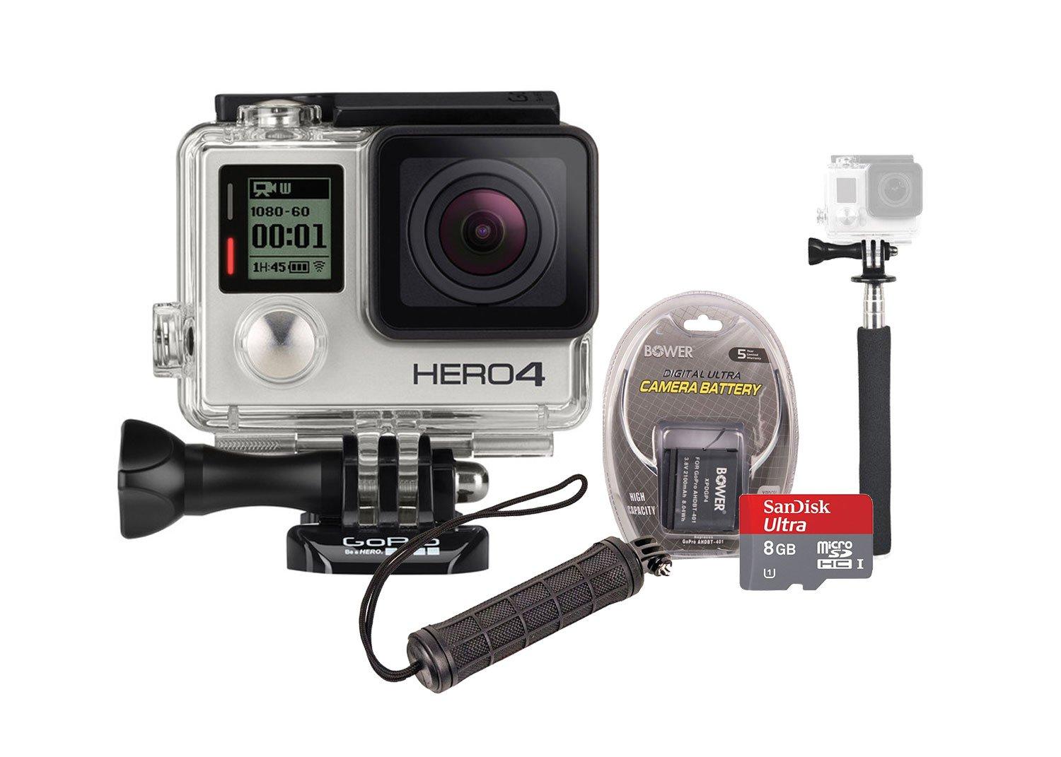كاميرا جو برو هيرو ٤ الإصدار الفضي + عصا السلفي + بطاقة ذاكرة ميكرو سانديسك - ٨ جيجابايت - فئة ١٠ + مقبض التصوير السلفي لكاميرا جو برو + بطارية كاميرا جو برو الرقمية