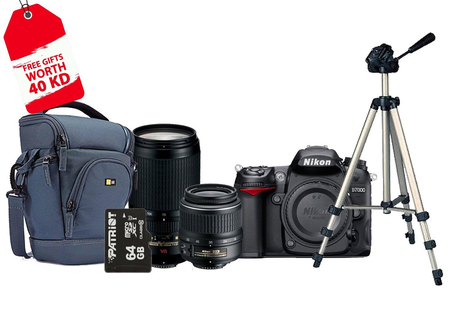 Nikon D7000 18-55mm + Nikon 70-300mm Lens DSLR Camera + 64 GB Micro SD Card  + SLR Zoom Holster + Tripod