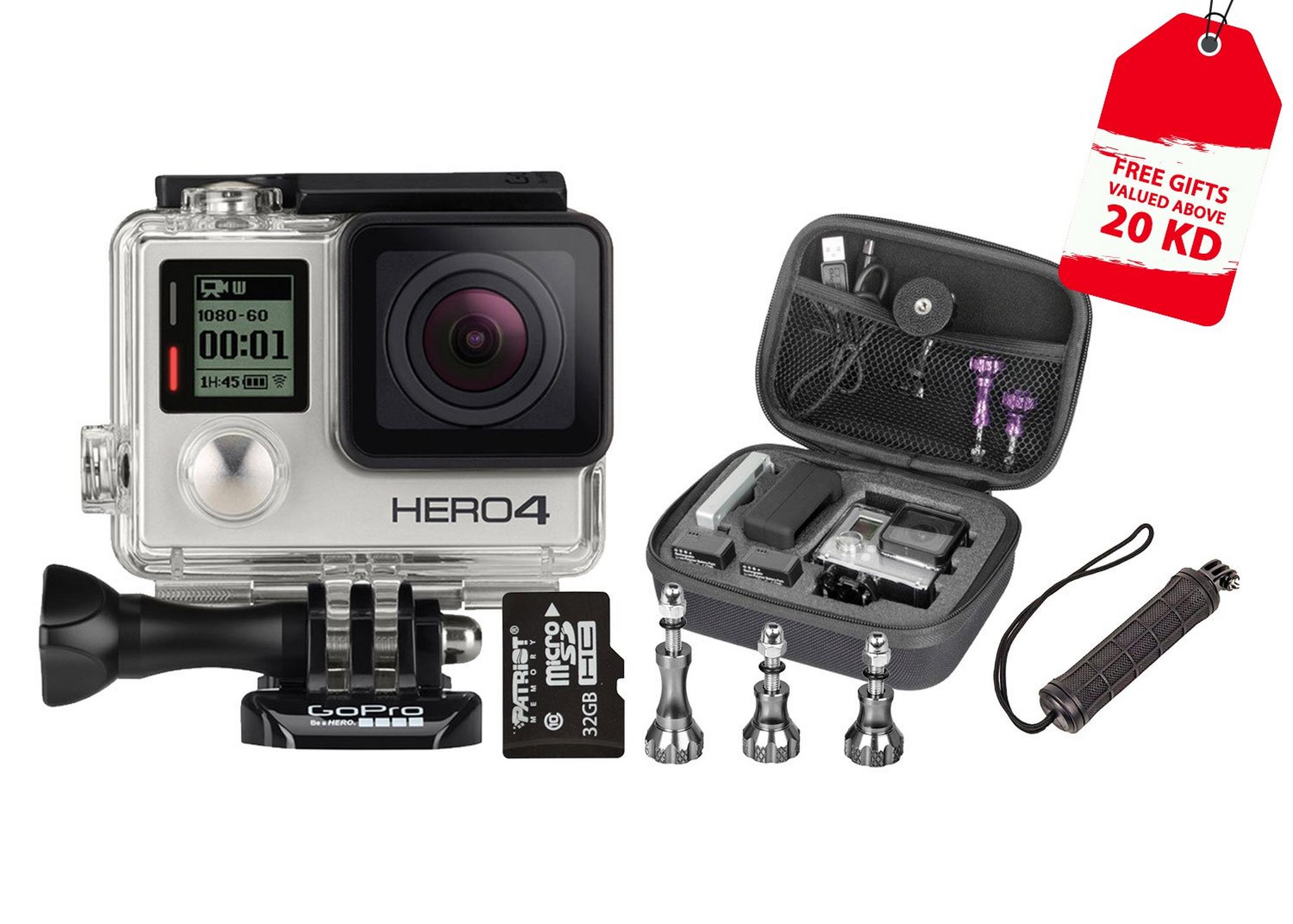 GoPro Hero 4 Silver Edition + 32 GB Micro SD Card + Xtreme Action Series Handgrip + Aluminum Thumb Knob Kit + Xtreme Action Series Case