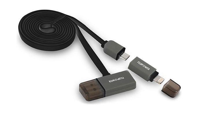 Fuji USB 2.0 Flat To Micro-USB Cable With Lightning Adapter - Black