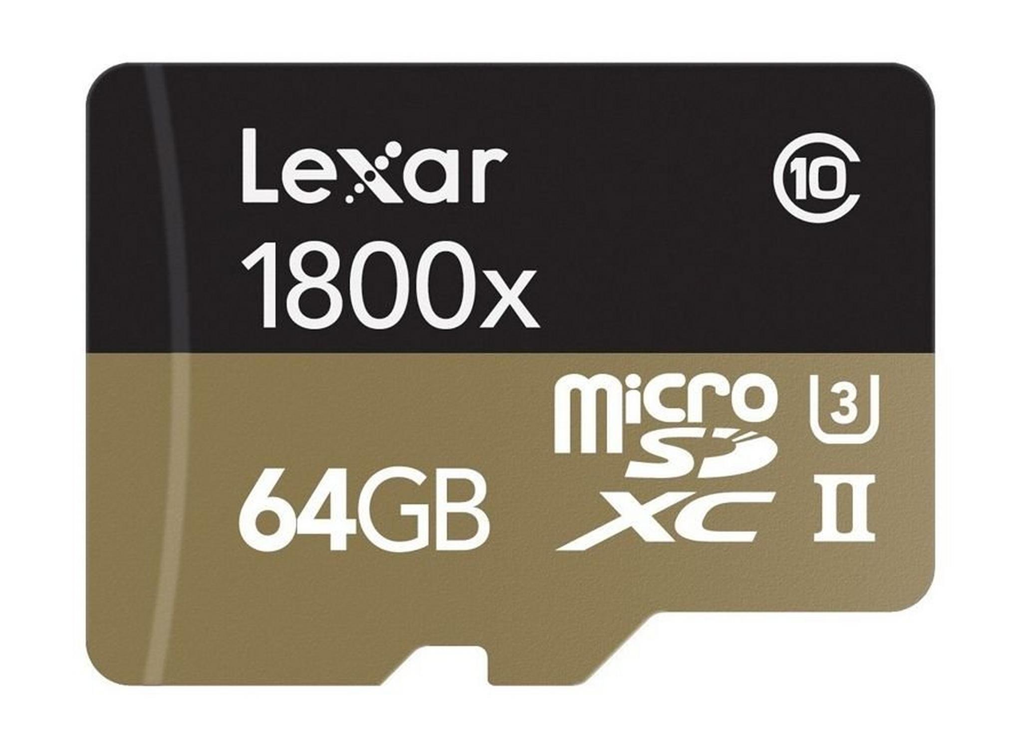 بطاقة ذاكرة احترافية سعة ٦٤ جيجابايت من ليكسار – سرعة ١٨٠٠ إكس - ميكرو إس دي إكس سي (يو ٣) – سرعة فائقة ٢ - أسود