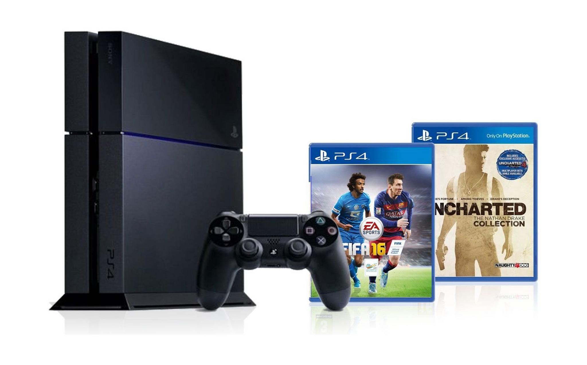 PlayStation4 1TB Gaming Console + Uncharted: The Nathan Drake Collection + Fifa 16 (with Arabic Commentary) - PS4 Games