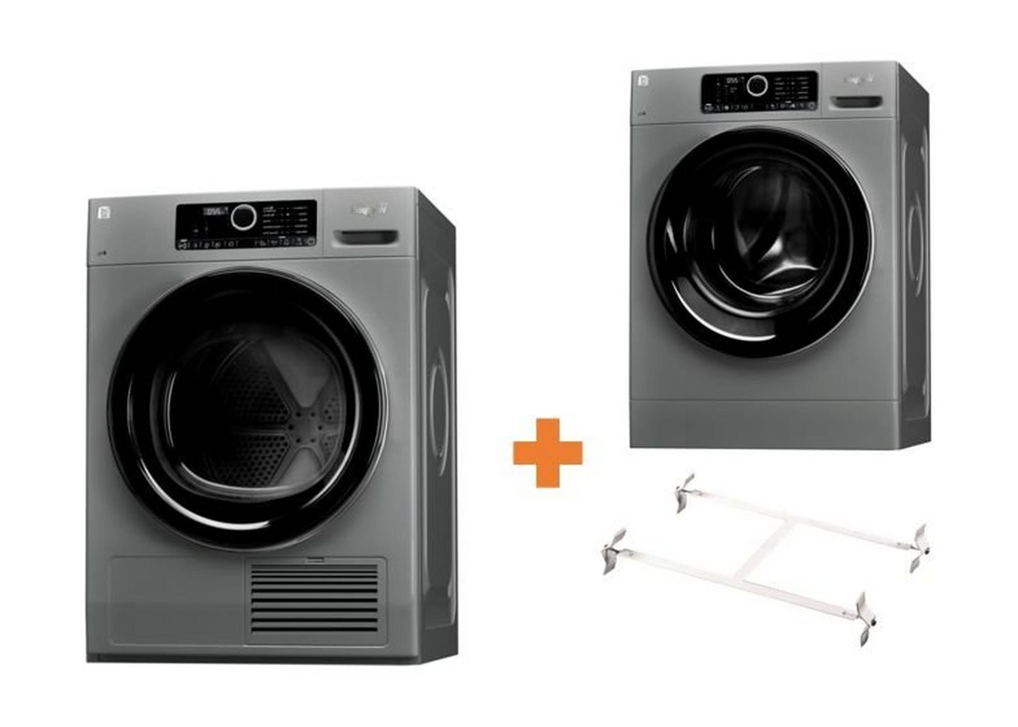 Whirlpool Front Loader Washer 8kg Silver + Whirlpool 8 Kilogram Dryer Condenser + Wansa Washer and Dryer Stacking Unit
